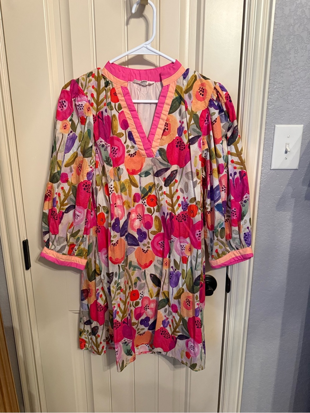 entro Bright Pink & Multicolor Floral V-Neck Cotton Tunic Dress